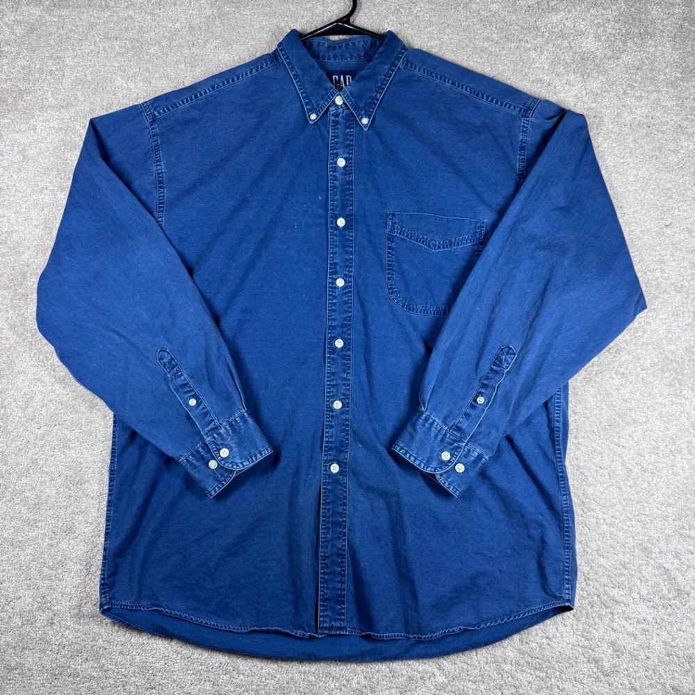 VTG GAP Mens XL Blue Denim Button Down Long Sleeve Cotton Vintage Relaxed Fit